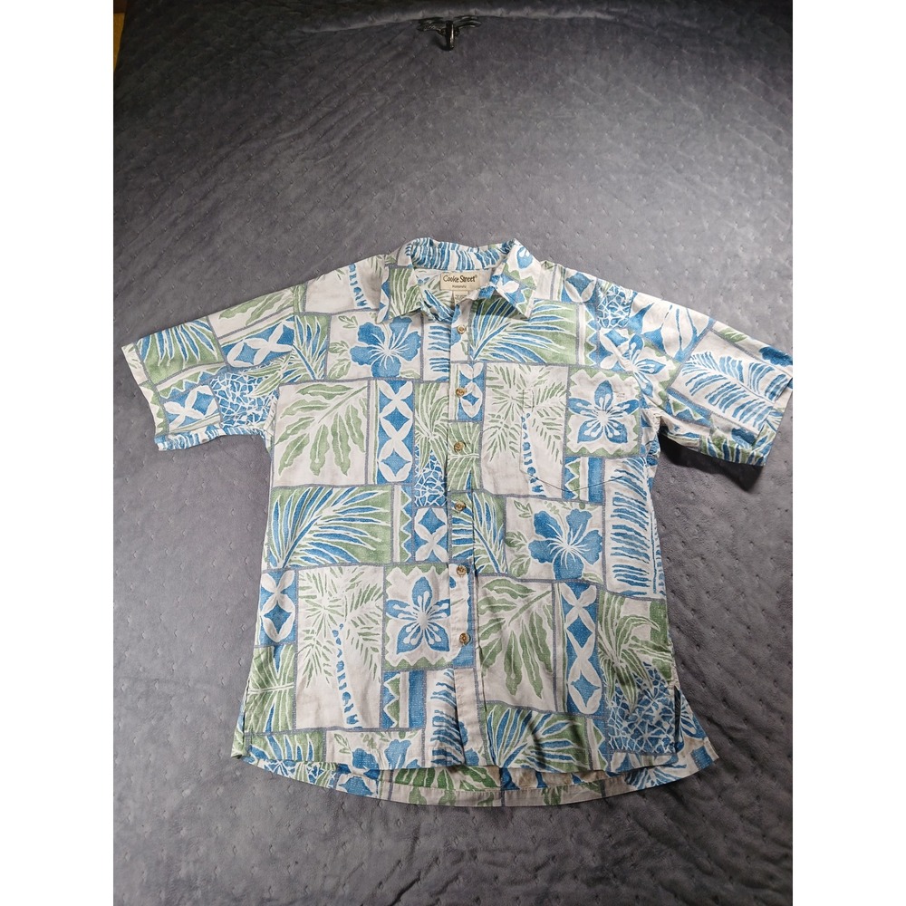Cooke Street Honolulu Mens Aloha Shirt Blue Green Tropical Floral Cotton Medium